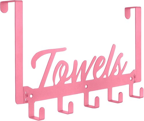 Azmoncy Over The Door Hooks - Heavy Duty Towel Rack with 5 Coat Hooks | Pink for Bathroom & Kitchen