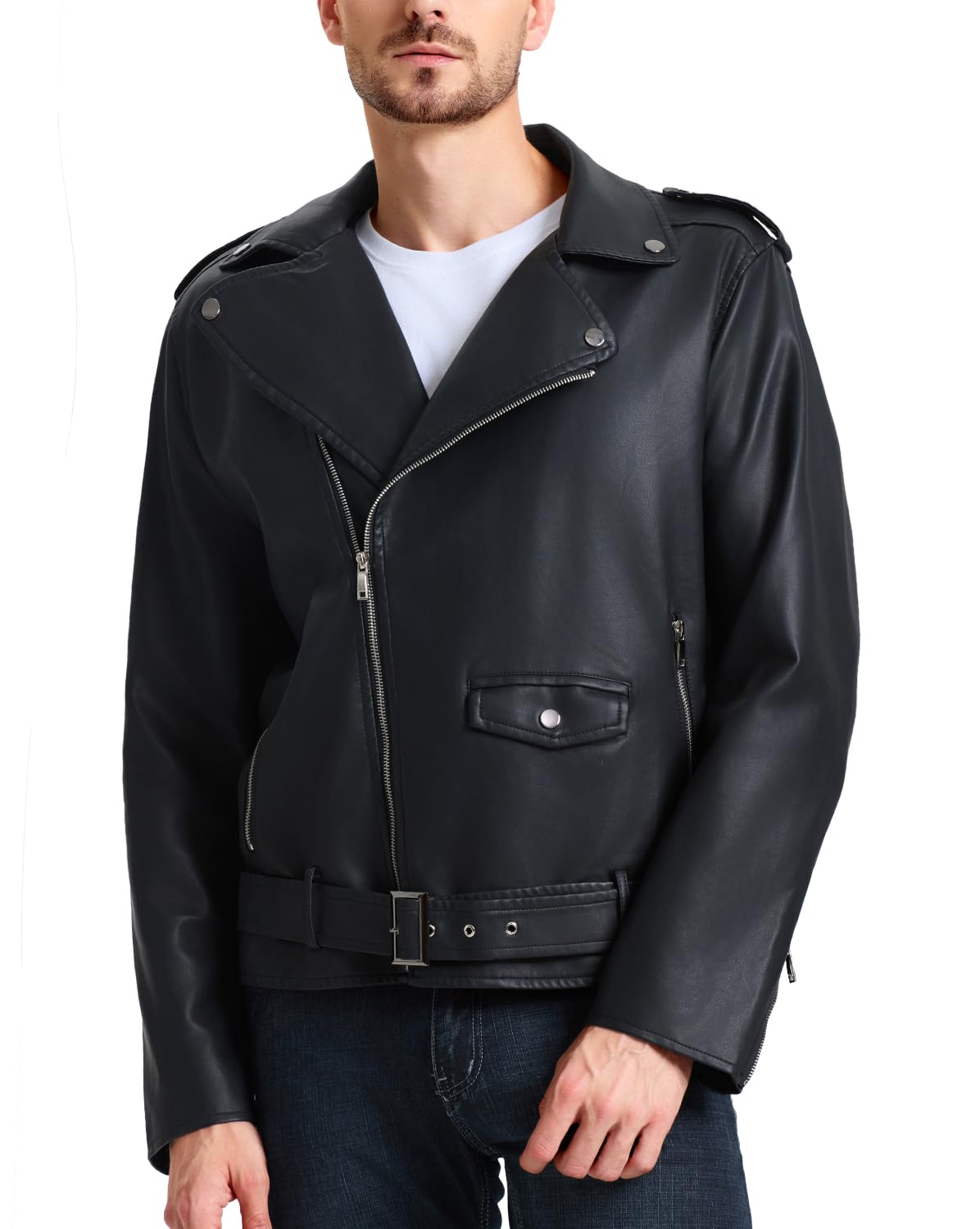 WULFUL Men's Leather Jackets, Faux Bomber Jacket for Men Motorcycle Lapel Asymmetric Zip-Up Slim Fit Biker Coat