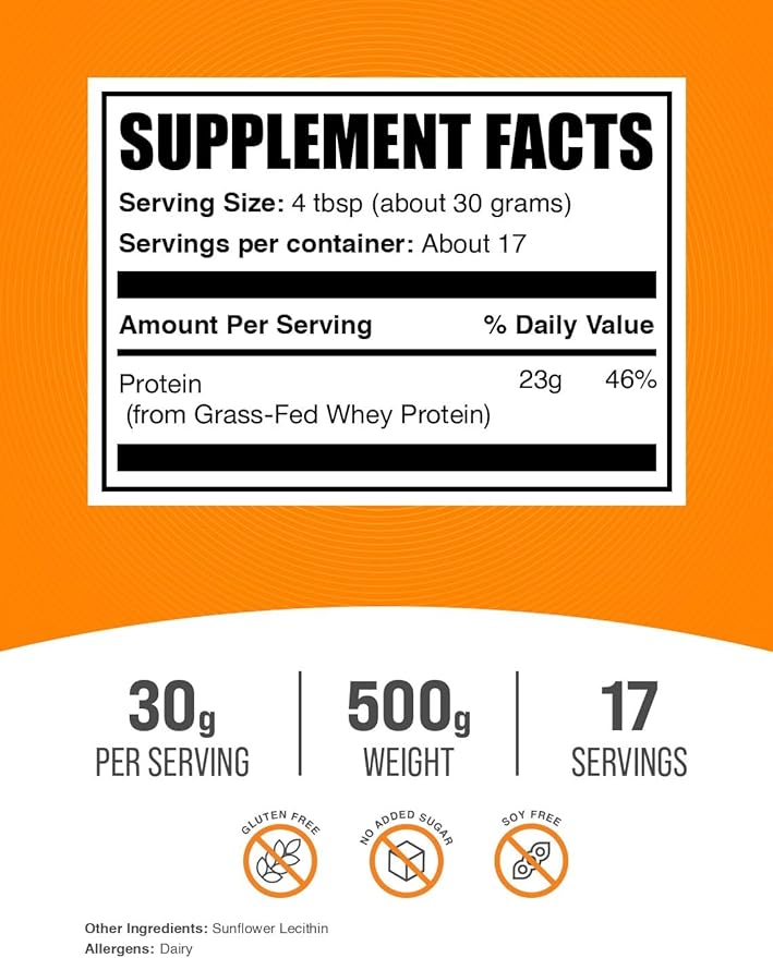 BulkSupplements.com Grass Fed Whey Protein Powder - Whey Protein Concentrate Powder - Unflavored & Gluten Free, 30g per Serving, 500g (1.1 lbs) (Pack of 1)