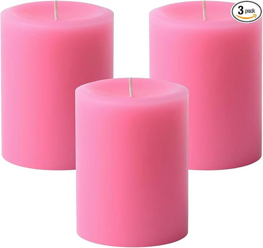 Mister Candle Dripless Unscented Pillar Candles, Set of 3 Hand Poured Solid Color Non-Scented Candles for Home Decor, Premium Wax, 60 Hr Burn Time - 3x4 Inch, Pink