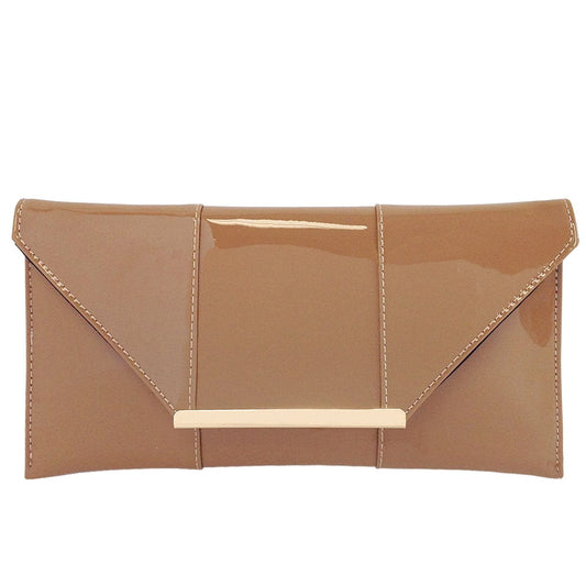 JNB Faux Patent Leather Envelope Clutch Purse for Women, Candy Evening Bag with Detachable Gold Chain Strap, Snap Closure, Zipper Pocket, Slim Formal Handbag, Taupe