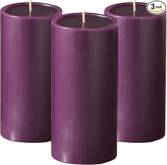 Simply Soson 3x6 inch Purple Pillar Candles Set of 3, Smooth Texture, Unscented Purple Candles, Dripless Candles, 3 inch Pillar Candles Ideal as Wedding, Parties, Spas, Dinner, Home Decoration, Church