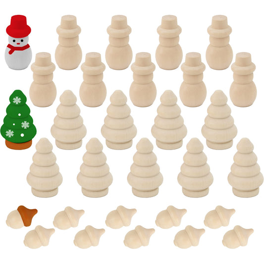 Luckforest 30Pcs Unfinished Wooden Set, Snowman Dolls Craft Christmas Tree Acorns Blank DIY Wooden Natural Wooden Xmas Tree for Crafts Arts Drawing Christmas Decor