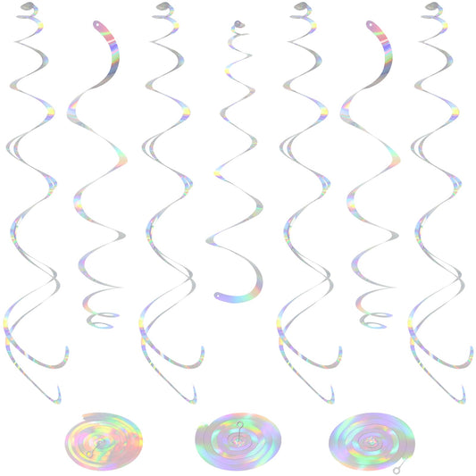 24 PCS Iridescent Hanging Swirl, Shinny Holographic Ceiling Decorations, Plastic Streamer Party Decorations with Double-Swirls and Single-Swirls for Birthday Decorations,Mermaid,Wedding, Baby Shower