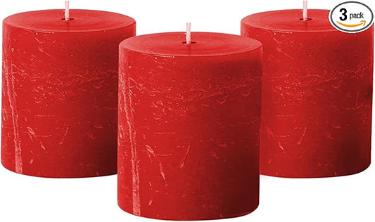 Simply Soson Red Rustic Texture Pillar Candles 3x3 inch - Set of 3 - Unscented Decorative Red Candles, No drip, Ideal as Large Candles for Home Decor, Weddings, Holidays