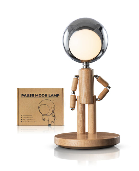 Rechargeable Cordless Desk Lamp, Creative Wooden Table Lamp with 3 Color &Stepless Dimming, Adjustable Pause Moon Lamp, Unique Decorative Desk Lamp for Bedroom, Nightstand, Office & Gift, Beech Wood