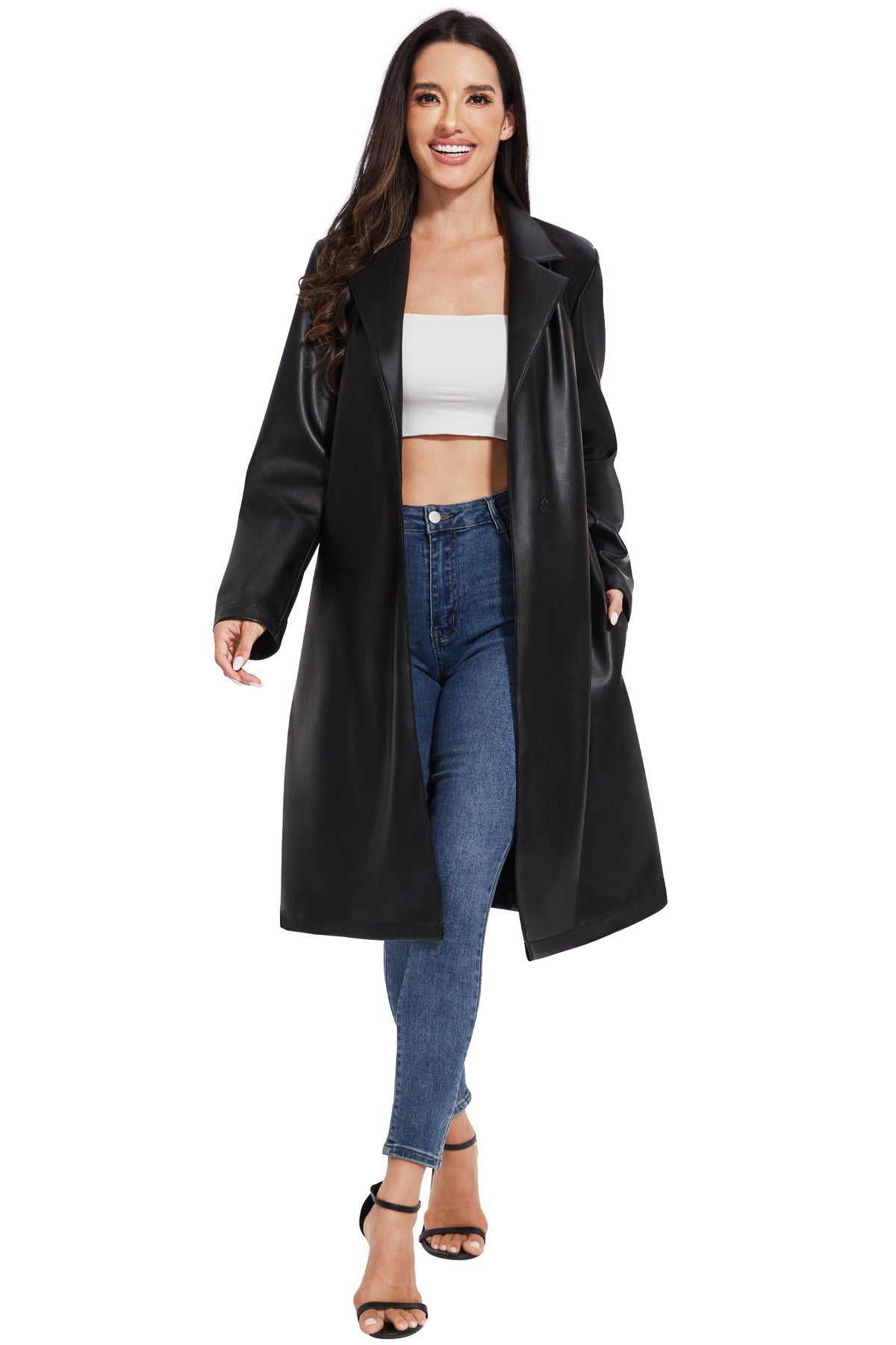 Fahsyee Women's Faux Leather Trench Coat, Motorcycle Jackets PU Moto Biker Outwear Fitted Slim Jacket Black Size XL