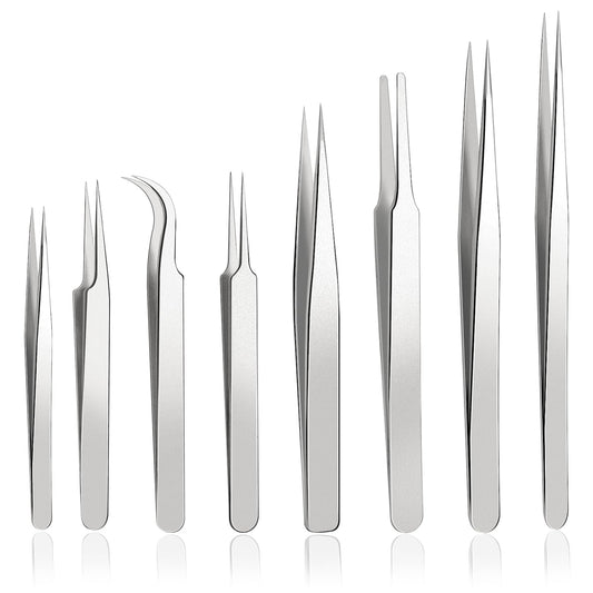Precision Tweezers Set, 8PCS Stainless Steel Tweezers, soldering tweezers,for Craft, beauty care、Electronics, Soldering, Experimental Work, Jewelry-Making