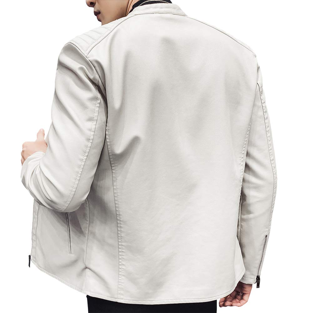 Womleys Mens Casual Stand Collar Slim Fit Faux Leather Jacket Biker Motorcycle Jacket (Ivory, Medium)