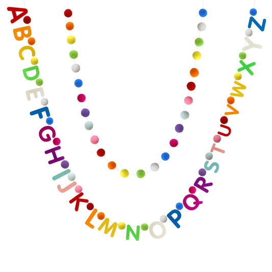 2 Pieces Alphabet Garland Rainbow ABC Wall Decor Colorful Pom Pom Garland 26 Balls Garlands for Classroom Party Home Decoration