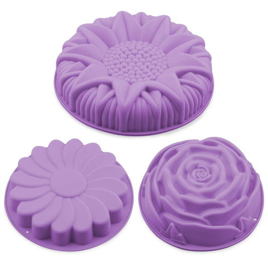 Coobbar Silicone Baking Molds,3 Pack Non-stick Flower Shape Silicone Cakes Pan Bread Pie Flan Tart Jello Molds,Reusable Food-Grade Large Flower Baking Trays