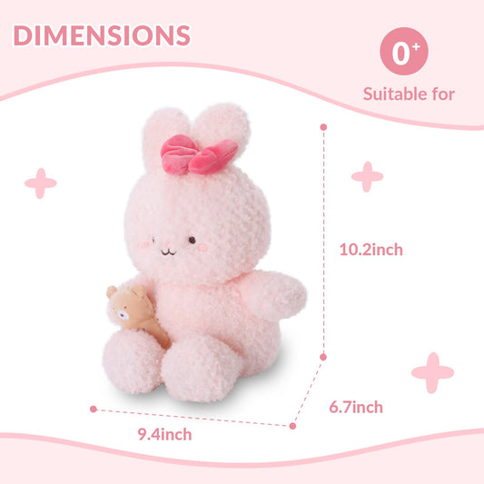 Linzy 10” Bowtie Bunny Stuffed Animal Holding Bear, Soft Pink Plush Toy for First Day of School, Birthday, Christmas, Valentine’s Day & Holidays, Plushie for Girls, Toddler, Kids & Women
