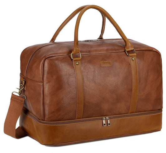 BAOSHA Vegan Leather Large Travel Duffel Tote Bag Carry On Weekender Overnight Bag With Shoe Compartment HB-38 (Brown)