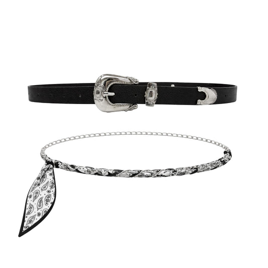 Women’s 2-Pack Belts – Faux Leather Skinny Jean Belt and Scarf Chain Belt – Stylish Waist Accessories for Everyday Wear (Black with B/W Scarf Belt, S/M)