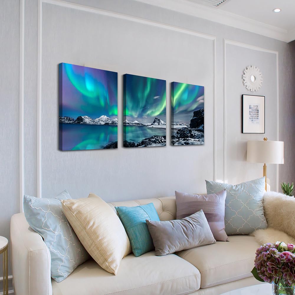 MHARTK66 Wall Art for Bedroom Wall Decor for Living Room Office Decor Abstract Mountain Aurora Landscape Painting 3 Piece Scenic Framed Canvas Art Prints Ready to Hang Kitchen Wall Pictures Home Decor