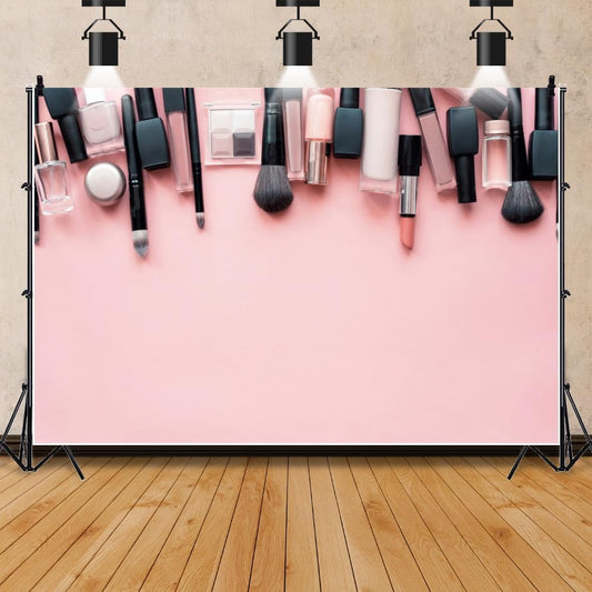 XMJJKUF 8x6.5ft Set Polyester Makeup Tools Backdrop Pink Makeup Backdrop Brush Lipstick Eyeshadow Photography