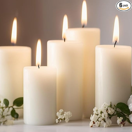 Pillar Candles White, Unscented Pillar Candles Bulk, 2.8x6 inch | 75 Hours Burning | Set of 6, Dripless and Smokeless Tall Pillar Candles, for Dinner Table, Wedding, Spa, Aromatherapy, Party