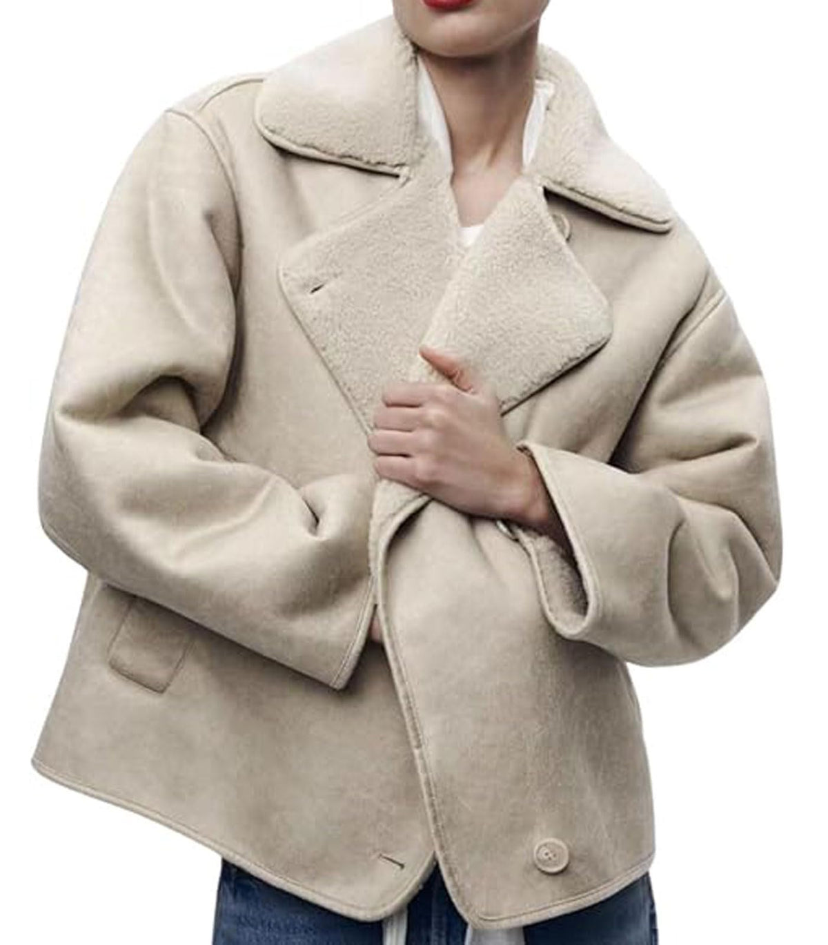 loveimgs Women Thicken Sherpa Lined Faux Suede Jacket Oversized Leather Coat Shearling Fleece Moto Jacket Biker Winter Overcoat (Medium, Beige)