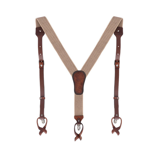 Tourbon Leather Suspenders for Men Y Back Shape Elastic Webbing Adjustable Brown Wedding Groomsmen with Interchangeable Clips