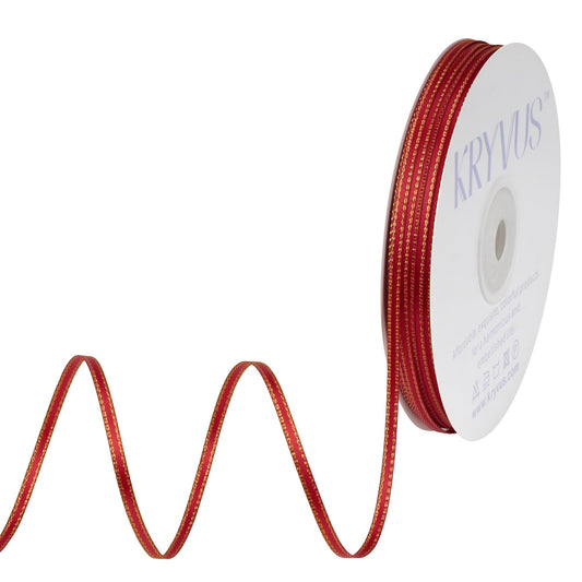 Kryvus Red Satin Ribbon with Gold Edge - 1/8 inch x Continuous 100 Yards Double Faced Thin Ribbon for Wedding Invitation Card, Gift Wrapping, Christmas Ornaments, Crafts