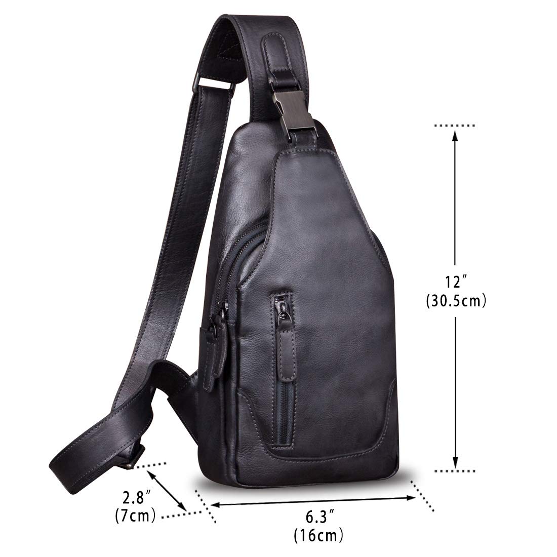 Genuine Leather Sling Bag for Men Chest Shoulder Crossbody Hiking Backpack Vintage Handmade Daypack (Black)