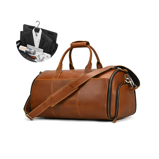 LUUFAN Full-grain Leather Garment Bag Large Capacity Travel Bag Business Suit Carrier Bag with Shoe Compartment, Overnight Gym Sports Duffel Bags for Men Women, Light Brown