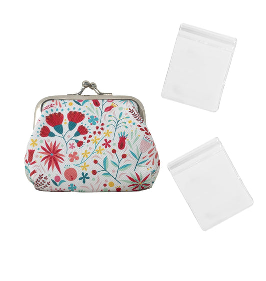 BenePoint Coin Purse for Women, Mini Purse Change Purse Coin Pouch with Kiss Clasp Lock& 2 Clear Jewelry Bags, Floral PU Leather Coin Purses Small Pouches for Cash and Jewelry (red)