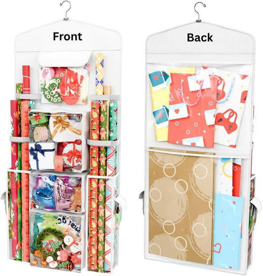 ProPik Wrapping Paper Storage Organizer - Double-Sided Design with Multiple Pockets | Fits 40-Inch Rolls (White)