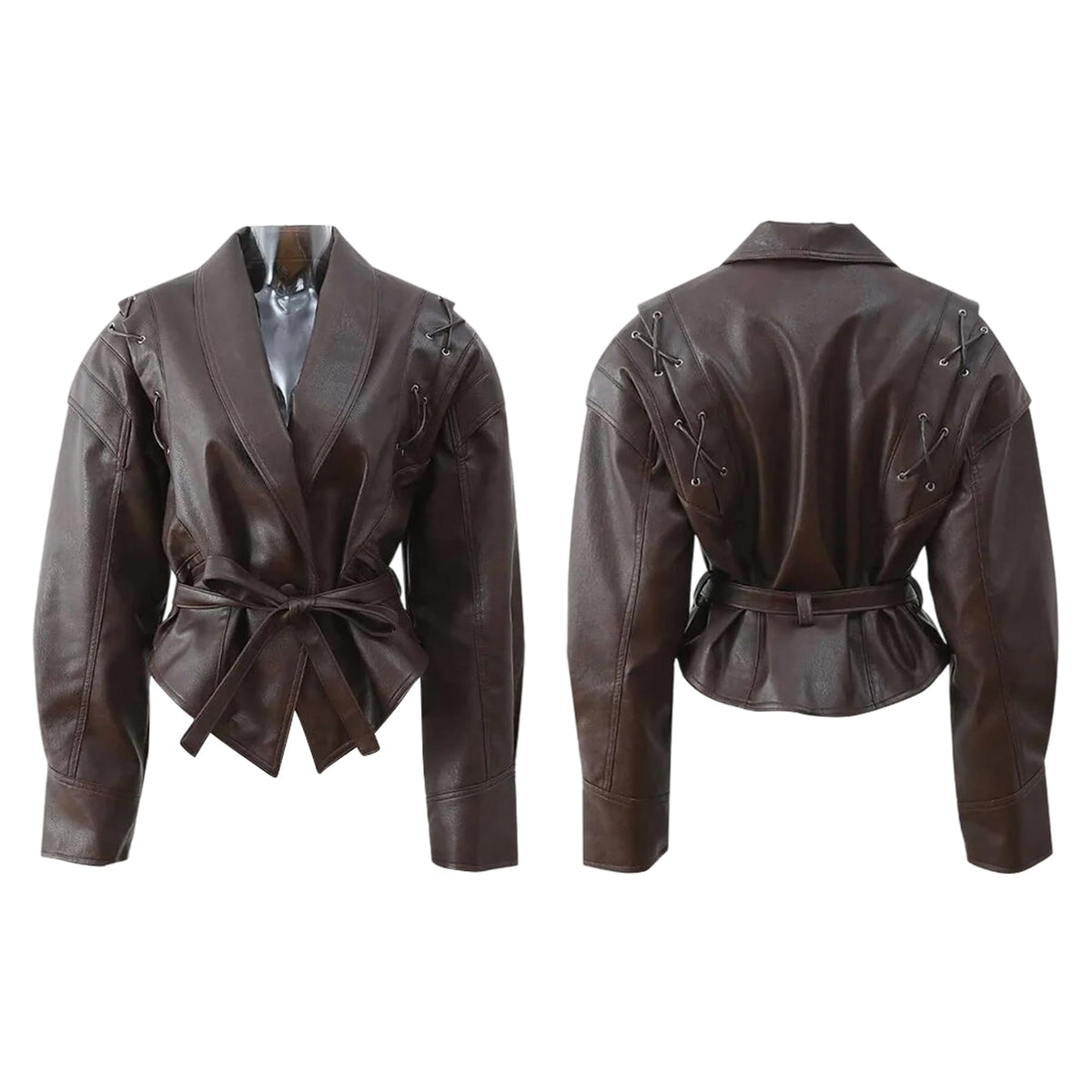 LETSVDO Leather Jacket Women Faux PU Oversized Lace Up Asymmetrical Belted Motorcycle Bomber Coats Fashion Fall Clothes