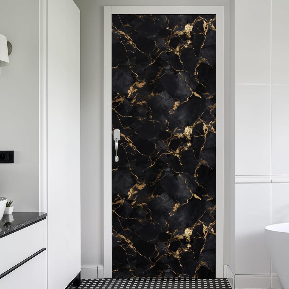 REDAMANCY Modern Black Gold Marble Abstract Peel and Stick Door Stickers Vinyl Mural Decals Decor Modern Wallpaper Self-Adhesive, Waterproof, Removable