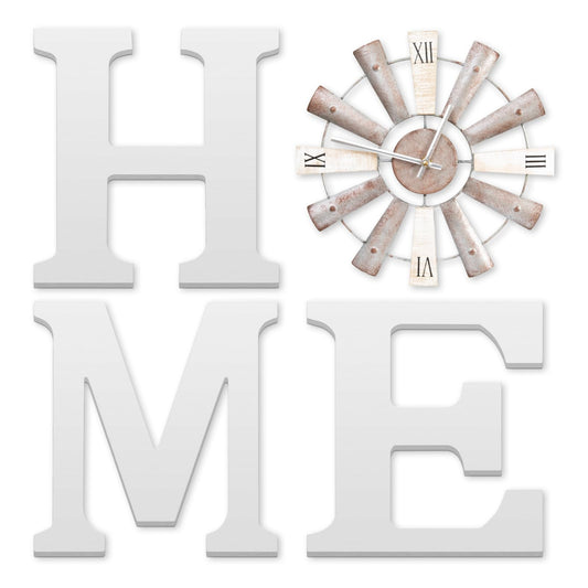 ZAZIWZ Farmhouse Home Signs with Windmill Clock Wall Decor Rustic Home Letters Wall Art for Living Room Kitchen Entryway Dining Room Bedroom (white)