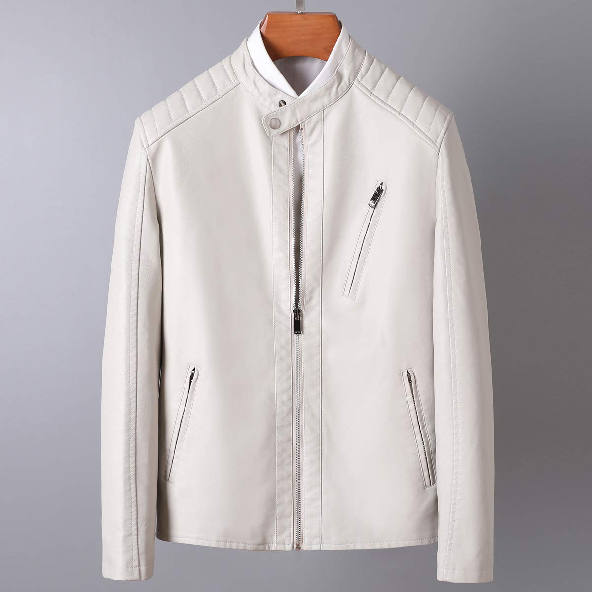 Womleys Mens Casual Stand Collar Slim Fit Faux Leather Jacket Biker Motorcycle Jacket (Ivory, Medium)