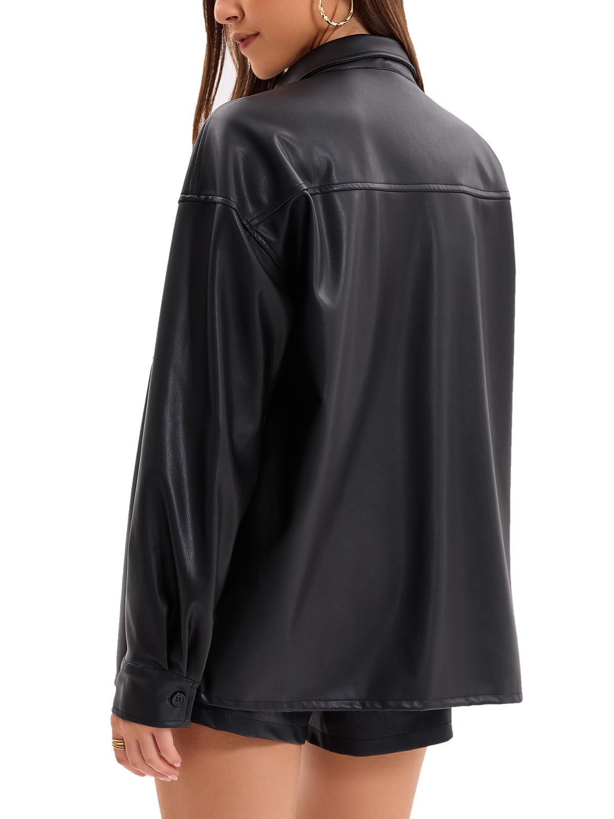 Haianguoji Women's Faux Leather Button-Down Shirt Jacket Lightweight Long Sleeve PU Blouse Shacket Tops (Black, XS)