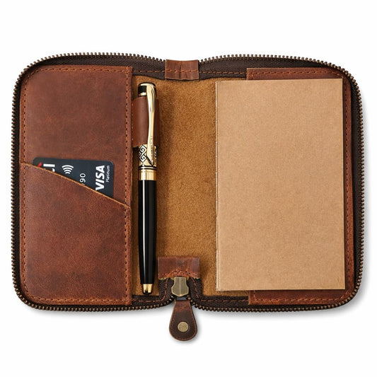 CestAntiQ Zippered Leather Journal Cover Compatible with Moleskine Cahier TWONE Original Kraft Elan Pitch Black Pocket Size 3.5 x 5.5 for Field Notes Notebook Memo Books with Pen Holder Handmade (Tan)