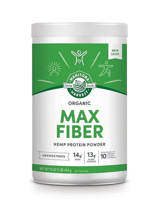 Manitoba Harvest Hemp Yeah Organic Max Fiber Protein Powder, Unsweetened, 16oz, with 13g of Fiber, 13g Protein and 2.5g Omegas 3&6 per Serving, Keto-Friendly, Preservative Free, Packaging May Vary