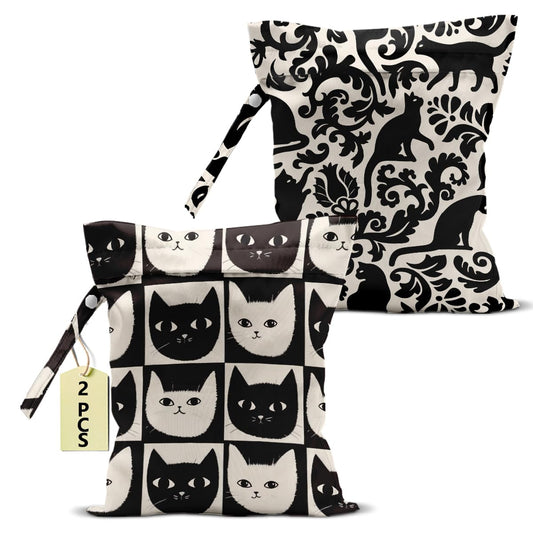 BQXH Cat Lover Gifts, 2Pcs Cat Print Wet Bags, Wet Dry Bag Reusable Zipper Pouch for Swimsuit, Diapers, Beach, Dirty Yoga Gym Clothes, Toiletries, Waterproof Birthday Christmas Gifts