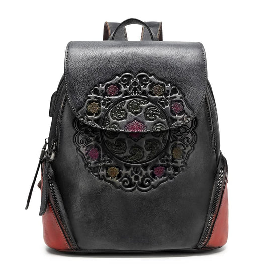 Leather Backpack for Women Organizer Retro Vegetable Tanning leather bag Vintage Embossing Totem (black)