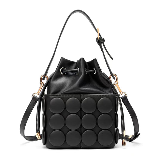 ZGRJSZDD Women's PU Leather Drawstring Top Handle Bucket Bag Purse with Solid Dot Patterns, Crossbody Shoulder Handbag, 9086 Black