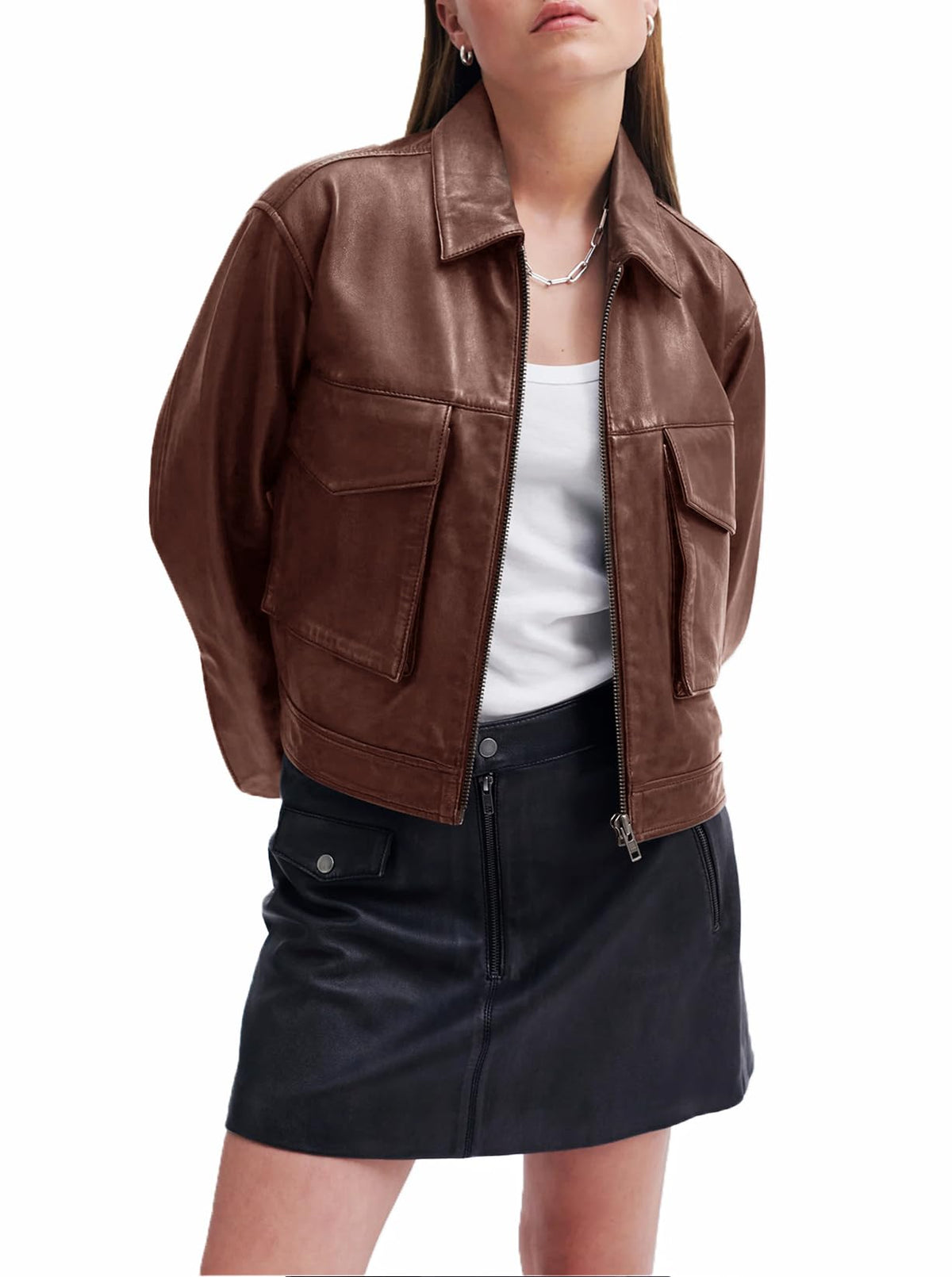 BZB Oversized Leather Jacket for Women Trendy Cropped Jackets for Women Brown Leather Jacket Winter Clothes Long Sleeve Bomber Jacket XL