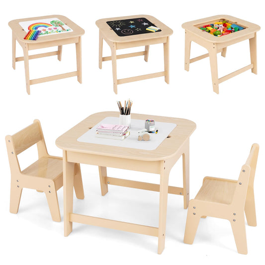 INFANS Kids Table and Chair Set, 3 in 1 Wooden Activity Table with Removable Tabletop, Blackboard and Whiteboard for Toddlers Arts Crafts Drawing Reading Playing, Playroom Nursery (Natural)