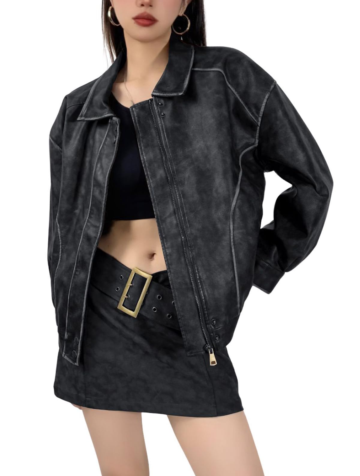 chouyatou Women's Fall Distressed Faux Leather Bomber Jacket Motorcycle Oversized Leather Jacket (Small, Black)