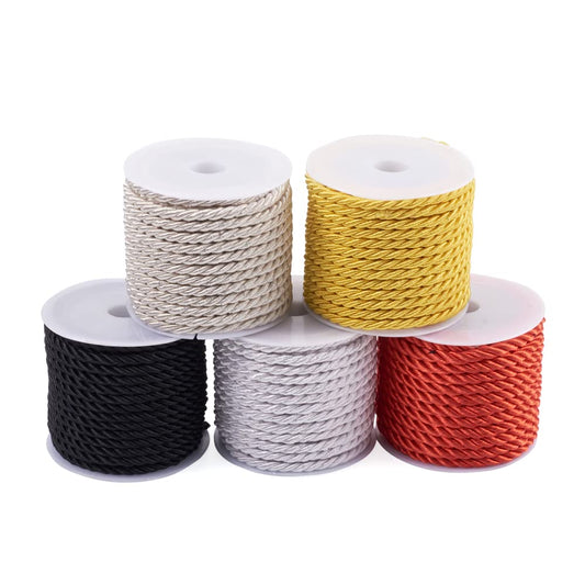 Craftdady 5 Rolls Twisted Cord Trim Rope 3mm Polyester Braided Satin Twine Cord Thread String for DIY Jewelry Craft Home Decoration, About 5.4 Yards/Roll
