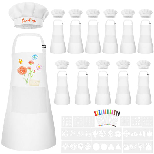BOUBONI 12 Sets Kids Apron and Chef Hat Set Adjustable Toddler Apron with Colored Pen Template for Baking Painting Crafts
