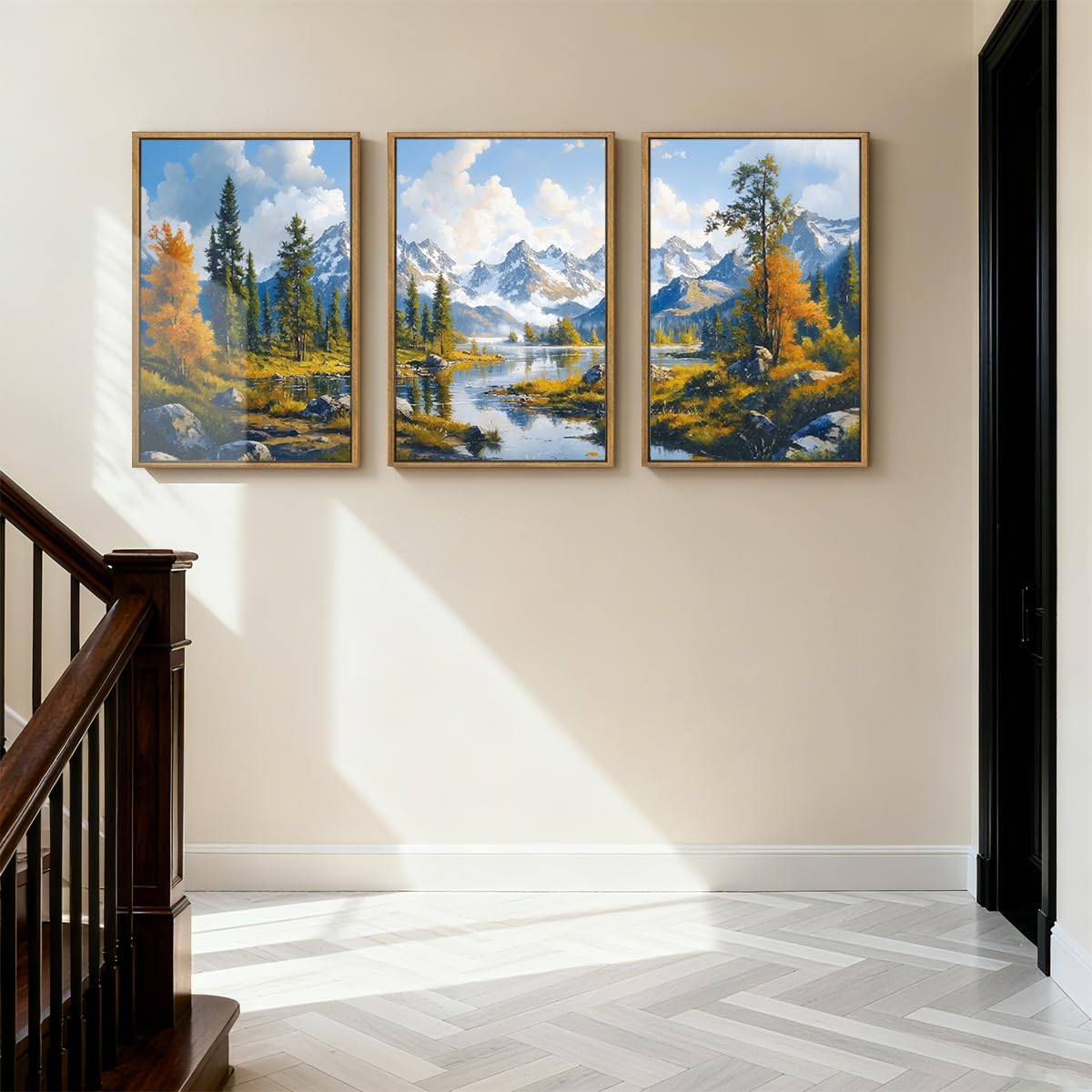 BINCUE Framed Mountain Landscape Wall Art Nature Forest Wall Decor Tree and River Art Print for Living Room Bedroom Office 16x24 Inches Set of 3
