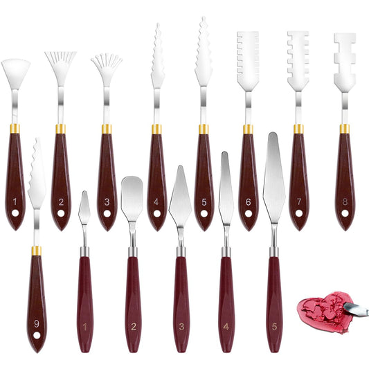 14Pcs Palette Knife Set, FHDUSRYO Stainless Steel Painting Knife, Painting Spatula Pallet Knives with Wood Handle, Oil Painting Accessories for Color Mixing, Oil, Canvas, Acrylic Painting