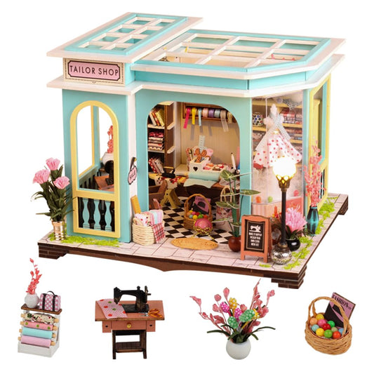 DIY Miniature Dollhouse Kit, Mini House Making Kit with Furnitures and Light, Tiny House Kit to Build for Adults, Hobby Craft Gift for Mothers Day, Tailor's Shop