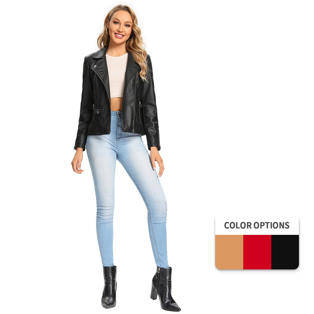 S P Y M Womens Faux Leather Jacket, Moto Biker Coat, Quilted Zip Up Outwear