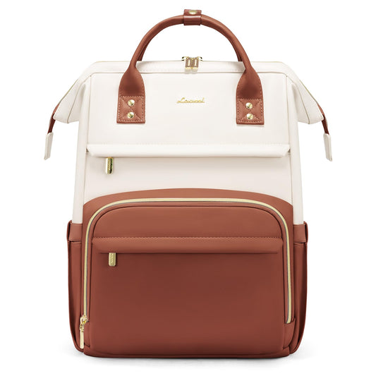 LOVEVOOK Leather Backpack for Women, 15.6 inch Laptop Backpack, Professional Work & Travel Bag, Women's Laptop Tote, Beige White-Brown