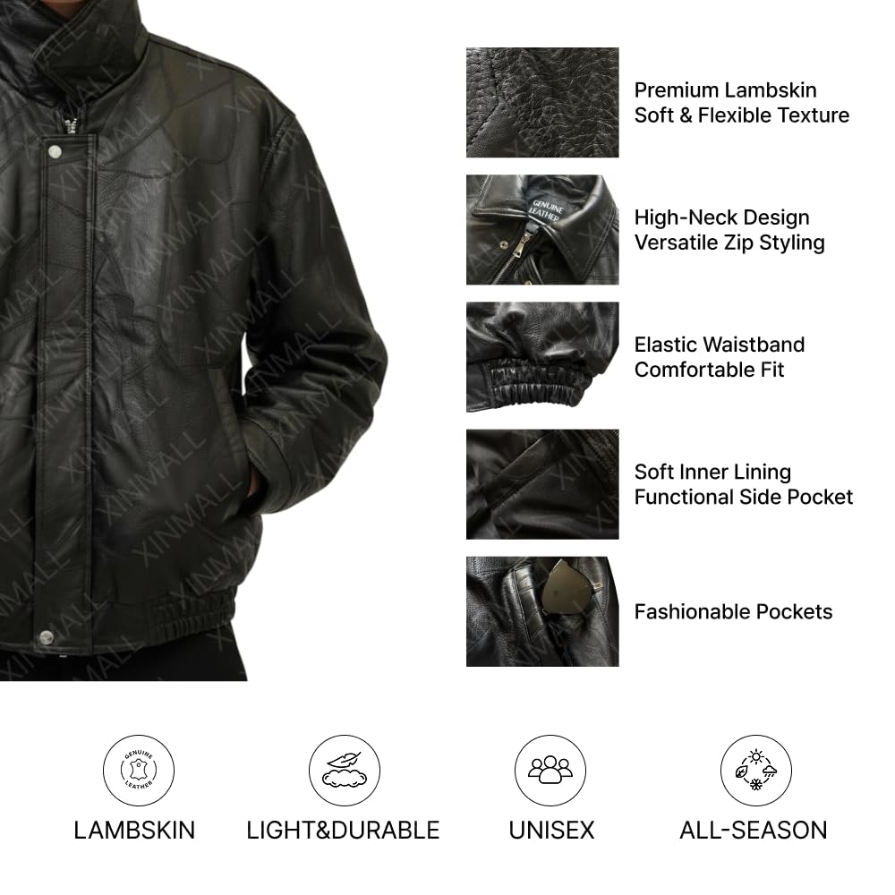 XINMALL Men’s Genuine Leather Motorcycle Jacket Black Bomber Style Zip-Up Baseball Collar Biker Leather Coat (US, Alpha, Medium, Regular, Regular)