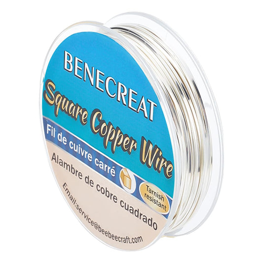 BENECREAT 33 Feet 21Gague Square Copper Wire, Silver Craft Copper Wire Tarnish Resistant Jewelry Wire for Jewelry, Hobby Craft Making, Floral, Decorations
